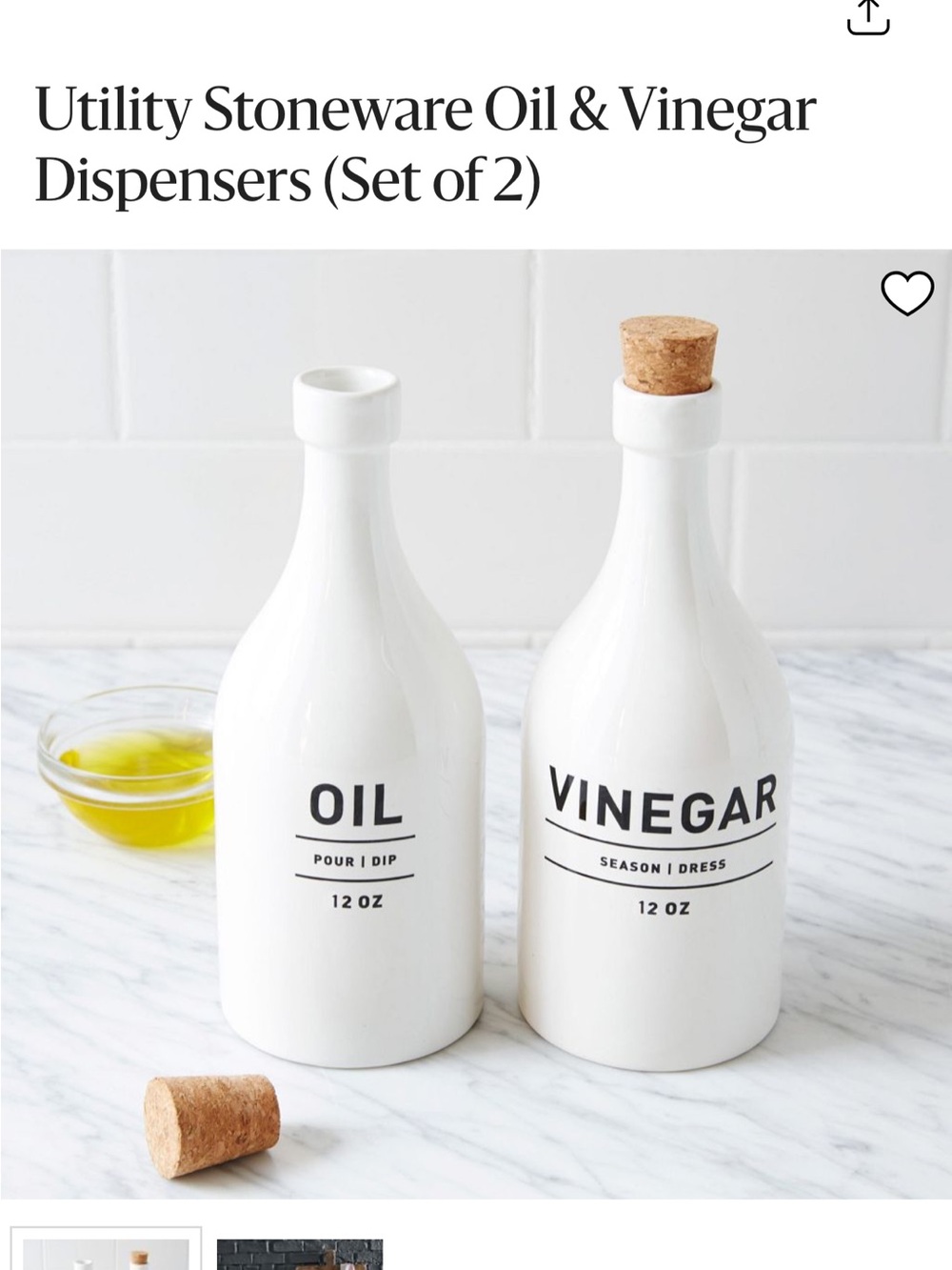 West Elm Mid Century Modern White Stoneware Oil & Vinegar Bottle Set NWT